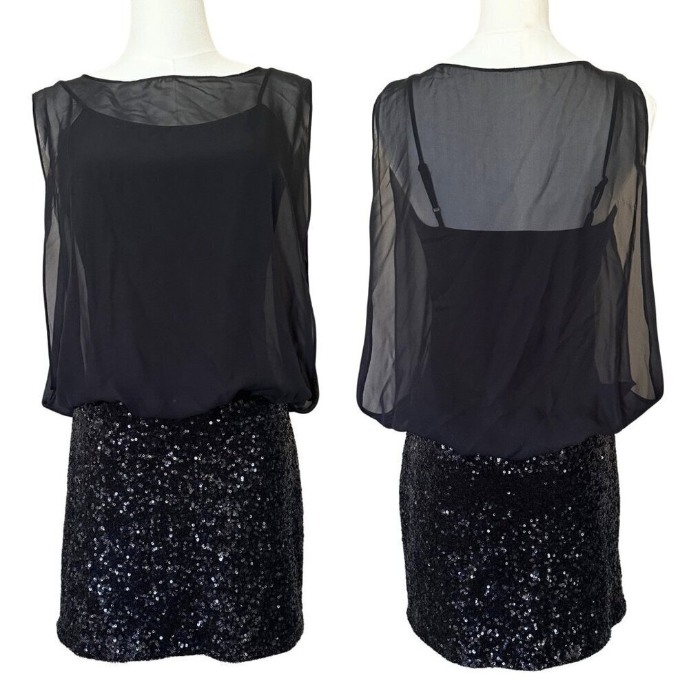 Vintage Y2K Black Cocktail Dress Party Women sz 3-4 Sequin Sheer Overlay Comfort